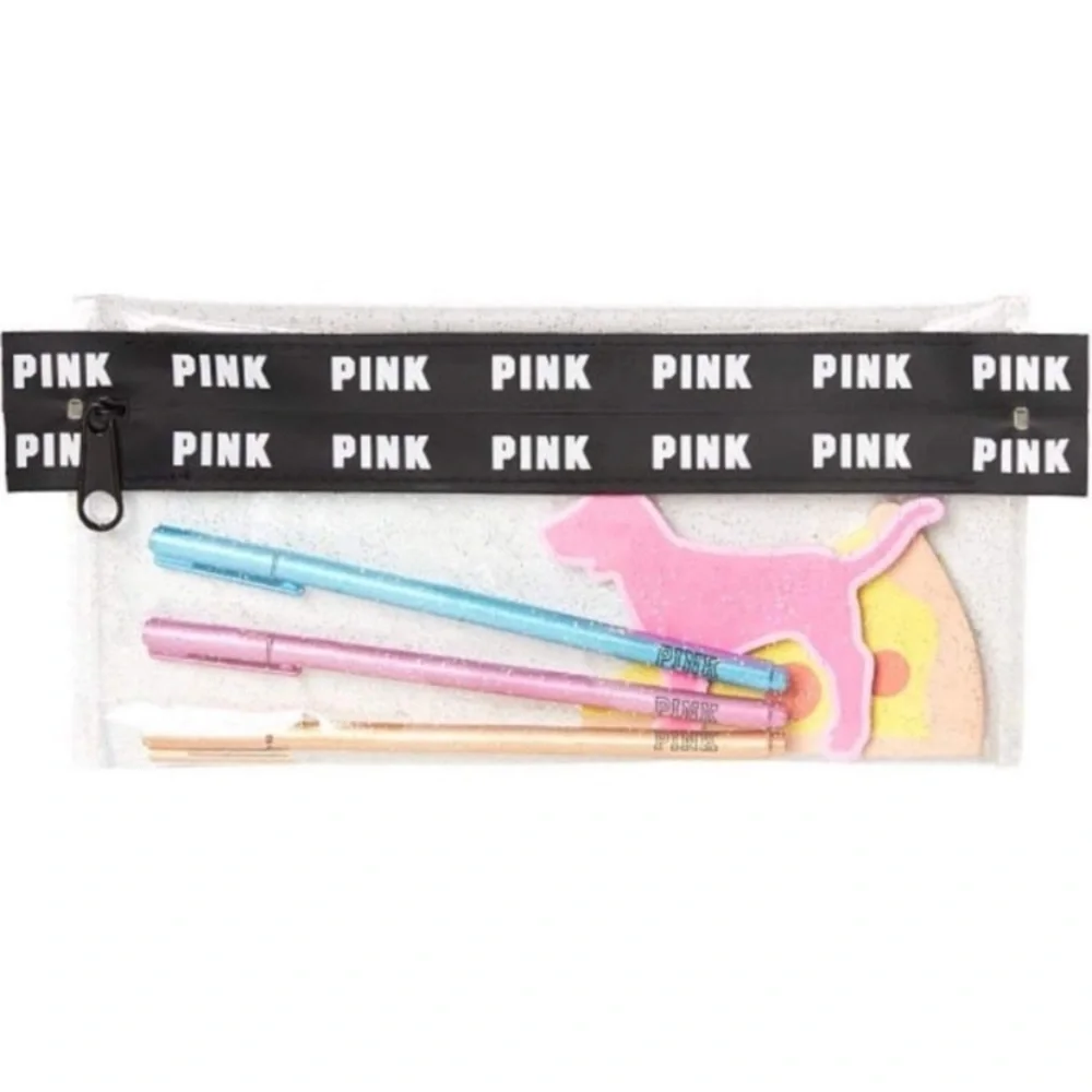 💋Victoria’s Secret Pink Jelly Glitter Pencil Case, Pens, and Pizza Sticky Notes